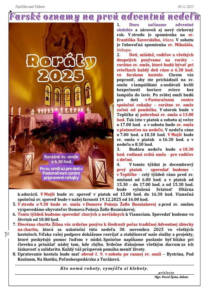 Oznamy na 1. adventnú nedeľu 2025