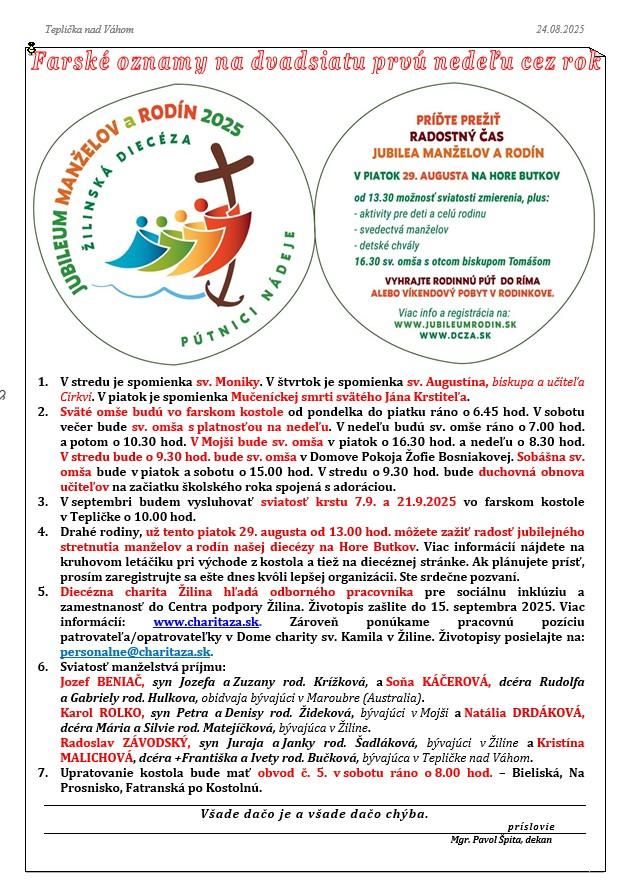 Oznamy na 21. nedeľu cez rok