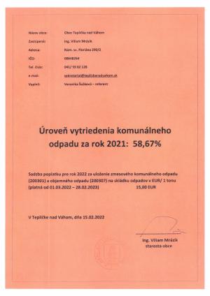Úroveň vytriedenia komunálneho odpadu za rok 2021 1