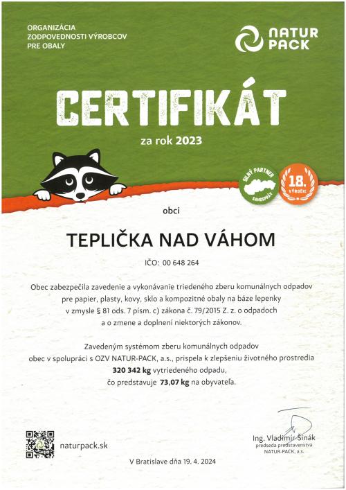 Certifikát o množstve triedeného odpadu za rok 2024 1